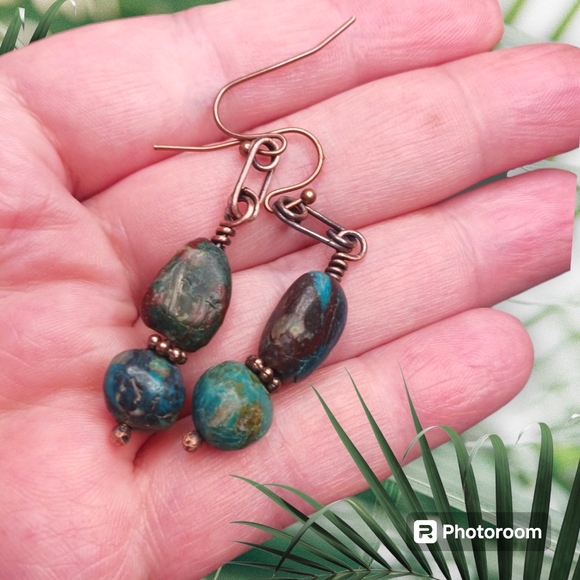 Hand Crafted Chrysocolla and Copper Earrings - Picture 4 of 6
